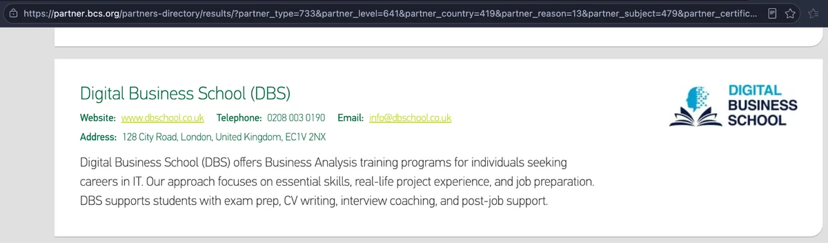 Screenshot of the BCS partner directory entry for Digital Business School (DBS), describing Business Analysis training with real-life project experience, exam prep, CV writing, interview coaching and post-job support.