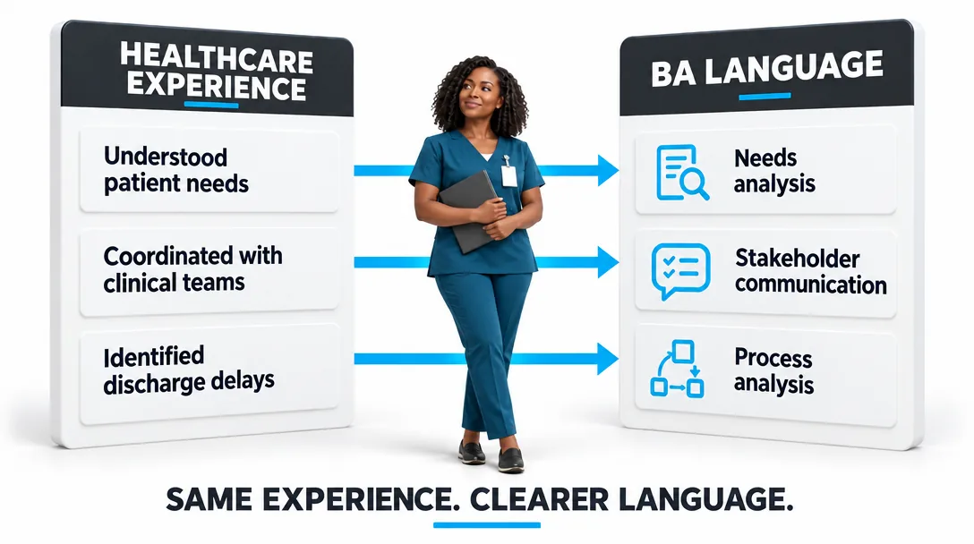 Illustration: healthcare experience such as understanding patient needs, coordinating with clinical teams and identifying discharge delays maps to BA language: needs analysis, stakeholder communication and process analysis. Same experience, clearer language.