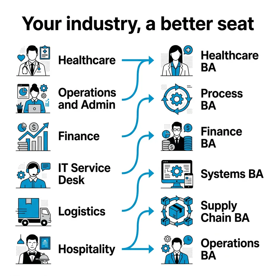 Diagram 'Your industry, a better seat': Healthcare to Healthcare BA, Operations and Admin to Process BA, Finance to Finance BA, IT Service Desk to Systems BA, Logistics to Supply Chain BA, Hospitality to Operations BA.