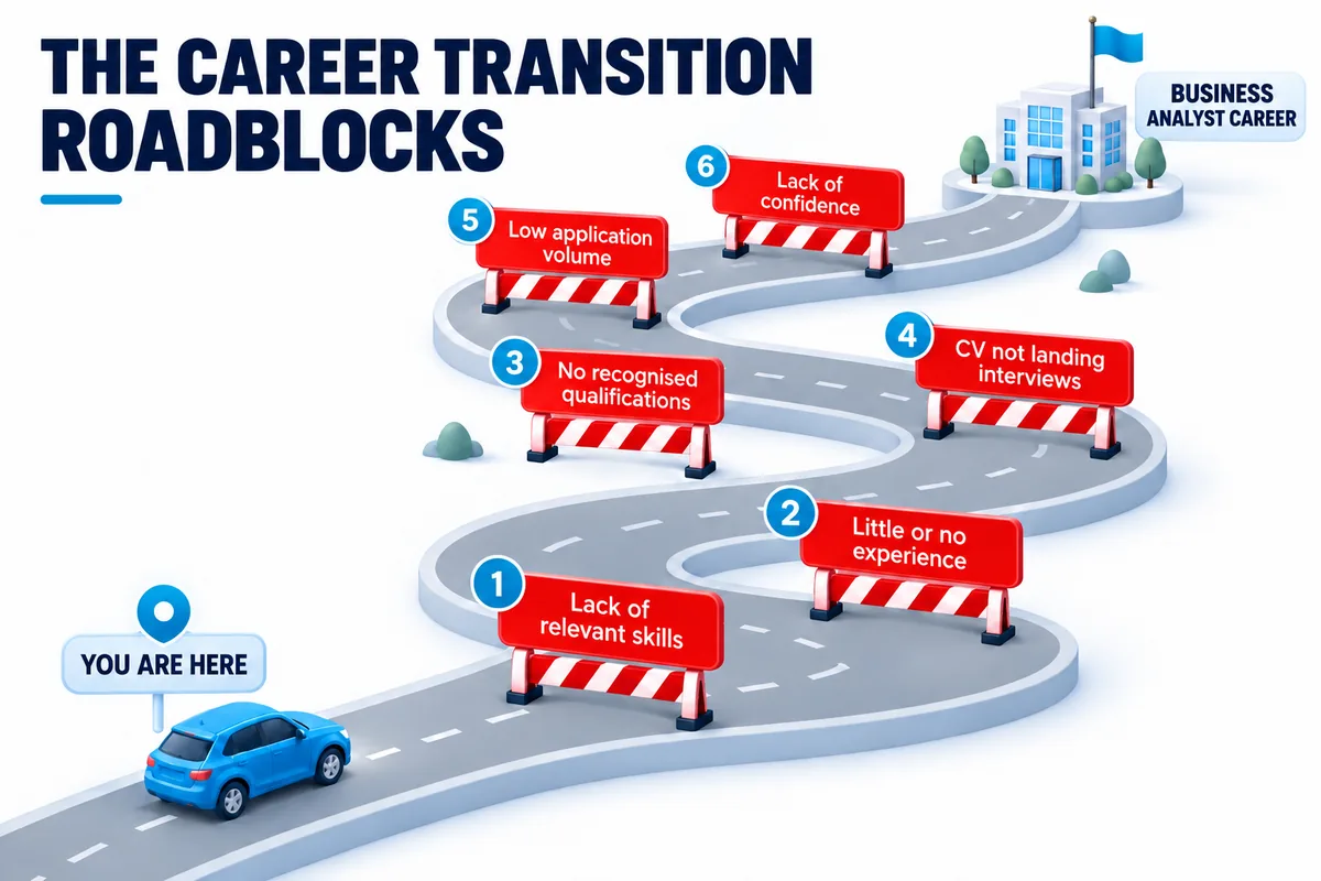 Illustration of the career transition roadblocks along a road to a Business Analyst career: lack of relevant skills, little or no experience, no recognised qualifications, CV not landing interviews, low application volume and lack of confidence.